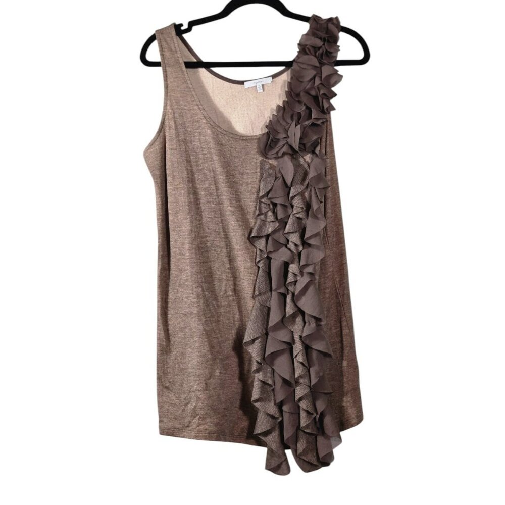 Mystree Size Medium Women's Blouse Sleeveless Ruffle Accent Lined Tan